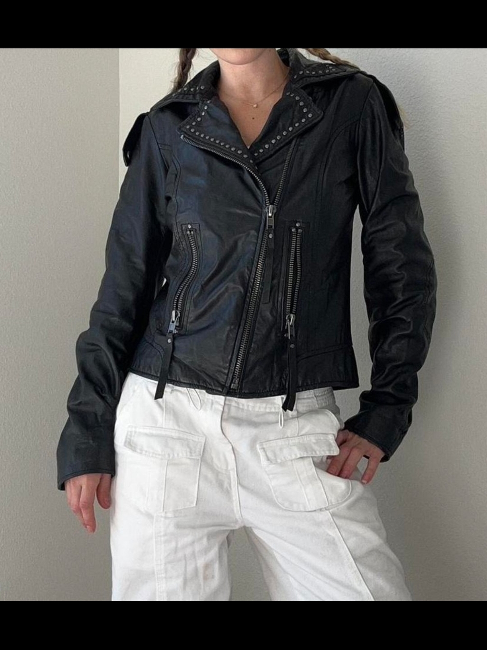 Black Studded Leather Moto Jacket - Women's